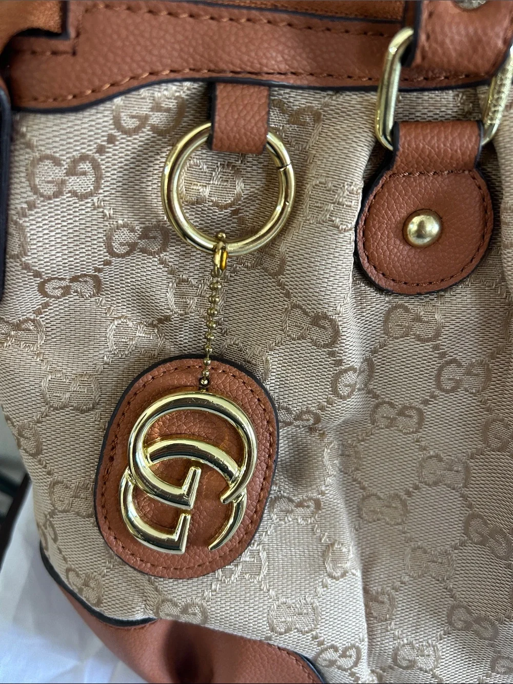 Beige Monogram Canvas Shoulder Bag with Brown Trim